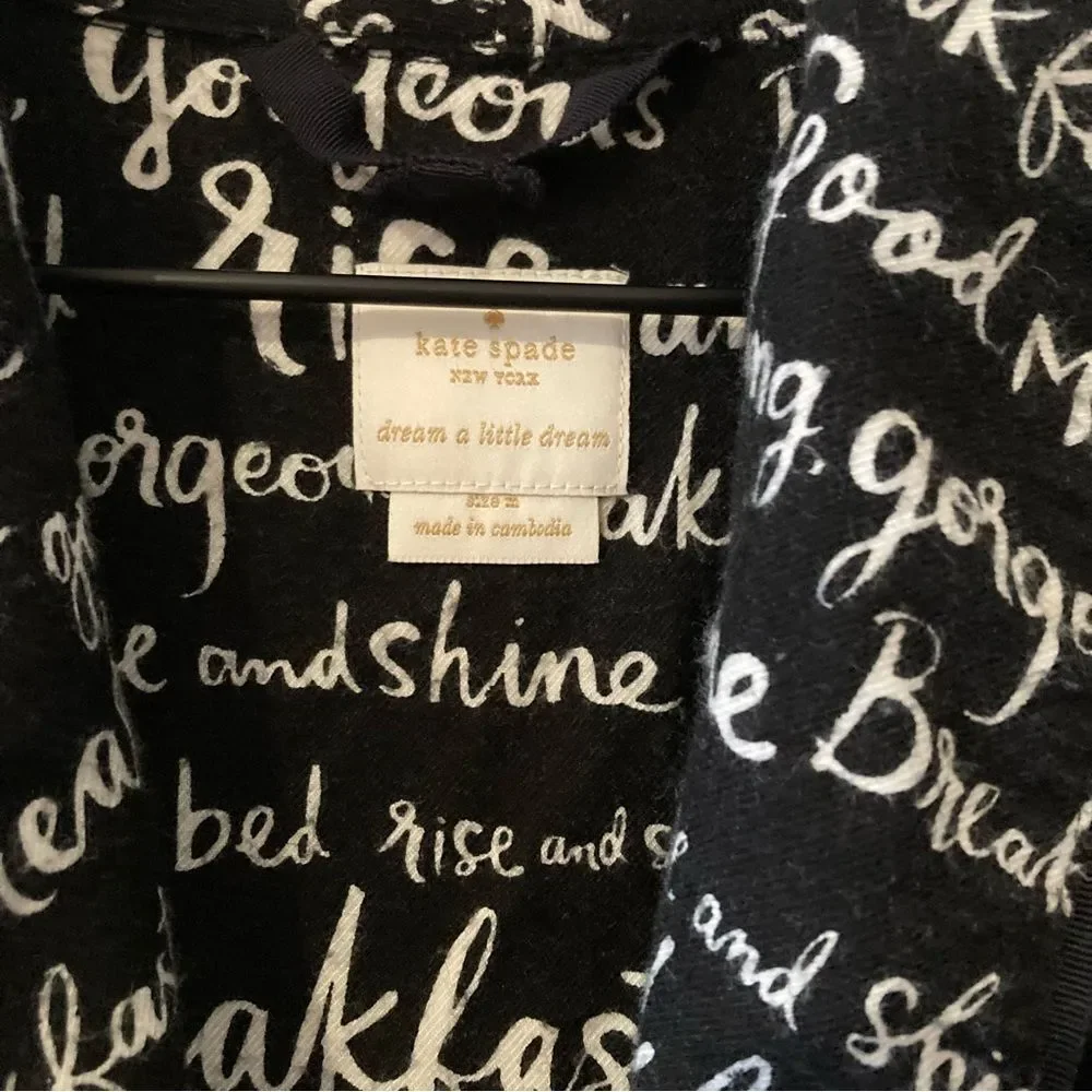 Kate Spade Dream a Little Dream Flannel Robe Medium Black White Script Words